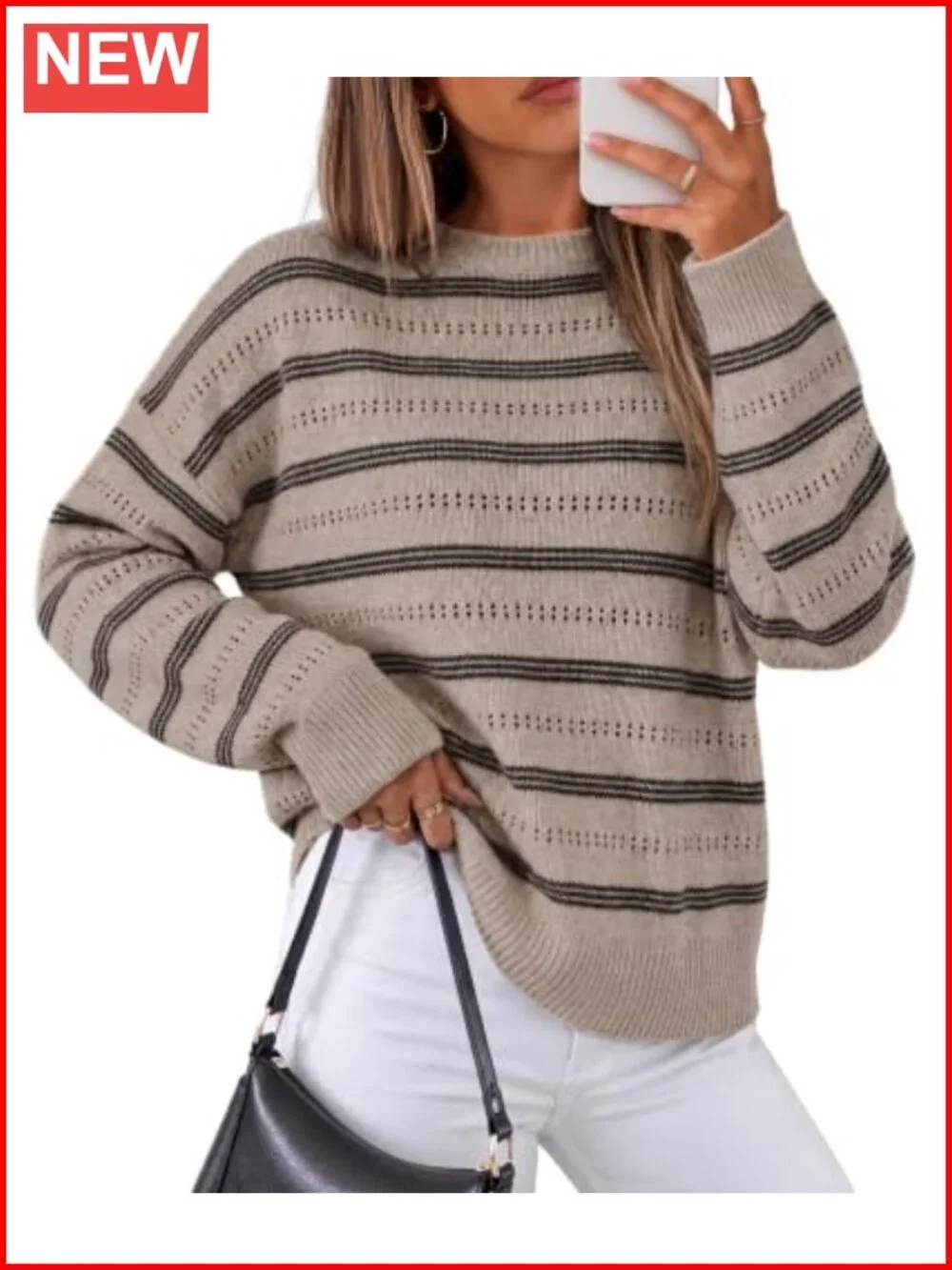 Crew Neck Long Sleeve Striped Pullover Sweater Knit Loose Fit